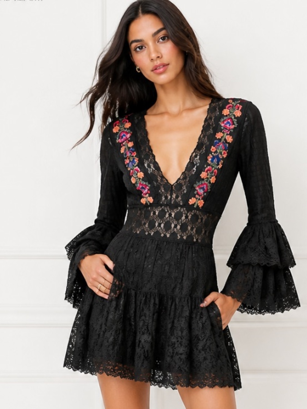 FREE PEOPLE Embroidered Top Peasant Blouse Boho Gray Tiered Floral Lace Ruffle
